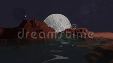 有外星飞船飞过的月亮。 我们并不是沙漠景观中唯一的外来游客。 遥远世界上的月亮景观。